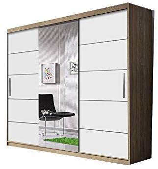 MOEBLO Kleiderschrank ALFA – Schwebetürenschrank 2-türig Schrank Garderobe Schiebtüren Schlafzimmer, Dekorative Aluminiumleisten, Kleiderstange und Regale (BxHxT) 233x218x61 cm (Sonoma +Weiß+ Spiegel)