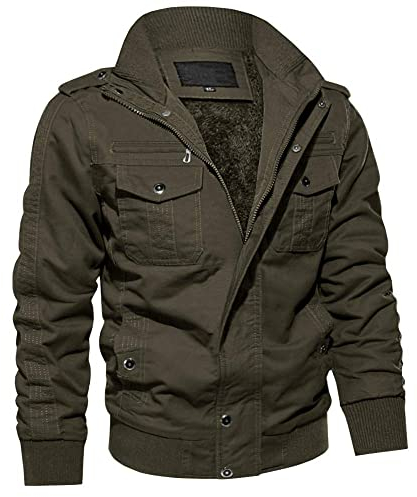 MAGCOMSEN Herren Winterjacke Übergangsjacke Warm Gefütterte Winterparka mit Brusttaschen Bundeswehr Cargo Jacke Unifarben Sweatjacke mit Stehkragen Armeegrün L (Etikett: XL)