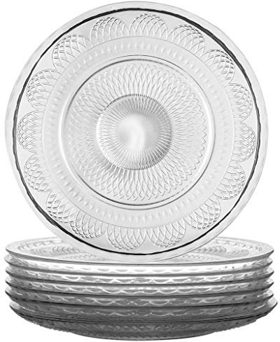 Set of 6 Glass Dinner Plates Vintage Embossed Glass Dinner Service Alfresco Dining Tableware - D28cm