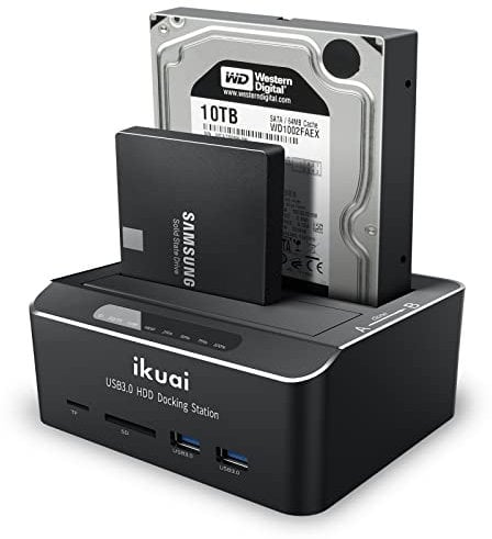 ikuai SATA to USB 3.0 Dual Bay Hard Drive Dock for 2.5/3.5 SATA HDD SSD with Micro SD Card Reader 2 USB 3.0 Port, Offline Clone Function External Hard Drive Docking Station, 2X20TB and UASP Support