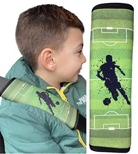 HECKBO 1x Kinder Auto Gurtpolster Gurtschutz mit Fußball Motiv - Sicherheitsgurt Polster für Kinder und Babys- Ideal für jeden Gurt Autositzerhöhungen Kinder Fahrradanhänger Flugzeug