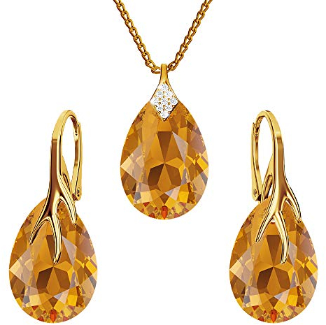Panda-Jewellery Ohrringe Silber 925 Hängend - Kette Damen mit Anhänger - Vergoldet Schmuck Set für Sie - mit Kristallen - Ohrringe Hängend und Halskette Damen Silber 925 - Tropfen mit Krallen (Topaz)
