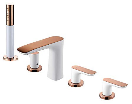 GLYYR Moderne Robinet de Baignoire Laiton Baignoire Mitigeur 5 Trous 3 Poignée Monté sur Le Pont Mitigeur de Baignoire avec Haute Pression Douche à Main,White Plus Rose Gold