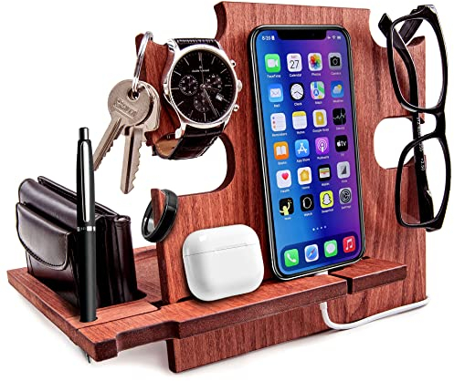 Station d'Accueil en Bois, Support pour Smartphone - Organisateur de Bureau, Support de Table de Chevet, Couleur ébène (Marron foncé (mahogany))