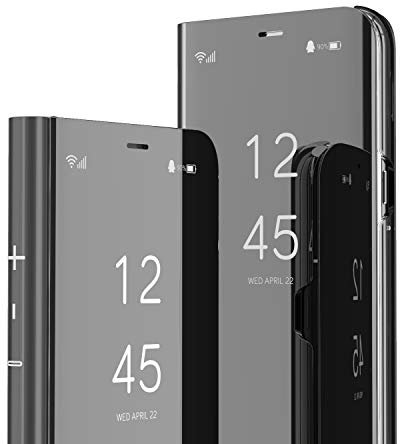 QIWEIQING Kompatibel mit Samsung Note 10 Plus Hülle Bookstyle Spiegel Makeup Smart View Ständer Schutzhülle Flip Case Cover für Samsung Galaxy Note 10 Plus Flip Mirror Black QH
