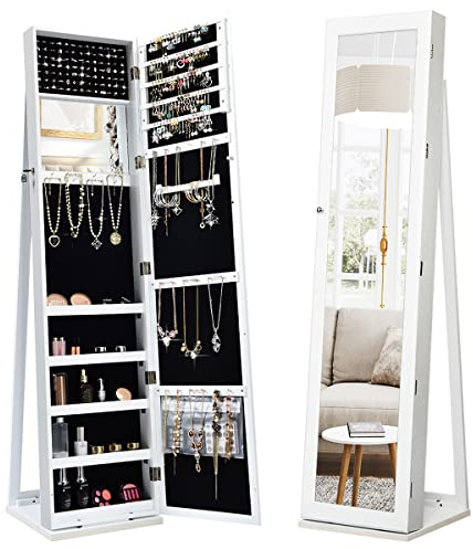 RELAX4LIFE Armoire à Bijoux avec Miroir Pleine Longueur, Armoire a Bijoux avec Miroir sur Pieds, Verrouillable avec Clés, 3 Étagères de Rangement, Miroir Bijoux sur Pieds pour Dressing Chambre