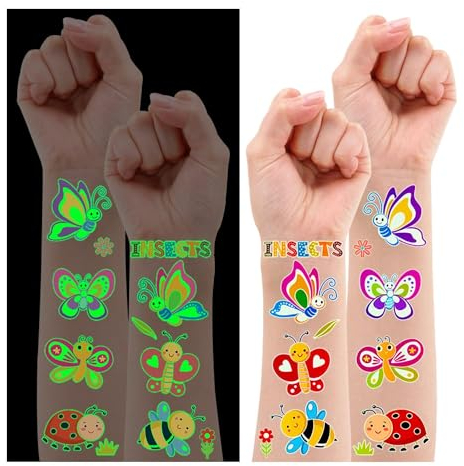 120 Stück Leucht Tattoo Kinder, Leesgel Insekten Schmetterling Tattoo Kindertattoos Kinder Tattoo Aufkleber Kinder Temporäre Tattoo für Kinder Sticker, Mitgebsel Kindergeburtstag Deko Party Geschenke