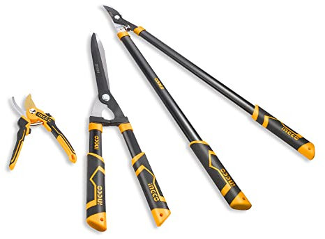 INGCO 3Pcs Garden Shears Set, Tree Lopper, Hedge Shears, Pruning Shear for Trimming and Cutting Borders, Boxwood, Bushes, Grass, with Comfort Grip Handles HLT76033