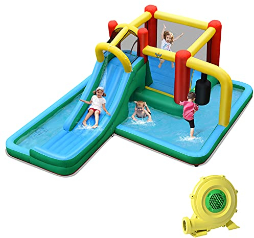 GOPLUS Aufblasbare Hüpfburg mit Rutsche, Spielburg mit Tragetasche & Heringen & Reparaturset, Wasserpark für 4 Kinder im Alter von 3 bis 10 Jahren, für Garten Park Garage, bunt (Mit Gebläse)