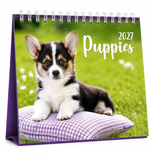 2024 Tischkalender mit Monatsansicht, umklappbar, für Zuhause, Büro, Schule, quadratischer Planer, Größe 17 cm x 17 cm (Welpen)
