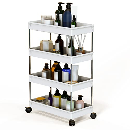 Lvhecforhm Küchenwagen mit 4 Ebenen, Küchenregal auf Rollen, Rollwagen Schmal 40x22.5x86cm Weiß, Mobiler Aufbewahrungsregal Beistellwagen, Nischenregal 22cm Breit, Mehrzweckwagen für Küche Badezimmer