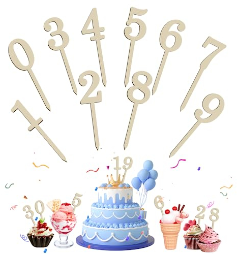 10pcs Cake Topper Zahlen Holz 0-9 Geburtstag Tortendeko Kuchenstecker Cupcake,Geeignet für Geburtstagsfeiern Jeden Alters Hochzeitsparty,Wiederverwendbar