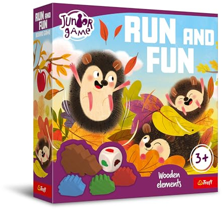 Trefl - Run and Fun, Junior Game - Brettspiel für Kleinkinder, Zwei Varianten, Holzigel, Große Elemente, Einfache Regeln, Schöne Illustrationen, Lernen durch Spielen, Spiel für Kinder ab 3 Jahren