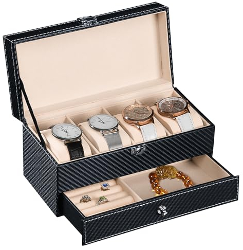 Dsoar 4 Slots Watch Box with Jewelry Collection Case for Men Double Layer Leather Watch Storage Box Watch Holder with Removable Watch Pillows Jewelry Organizer for Bracelet Rings Brooch