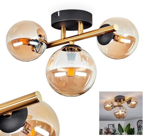 HOFSTEIN Deckenleuchte Chehalis, Deckenlampe aus Metall/Glas in Schwarz/Goldfarben/Bernsteinfarben, Leuchte im Retro/Vintage-Design mit Schirmen aus Glas (Ø 10 und 12 cm), 3 x G9 LED