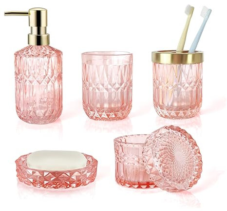 LaMarriti Set di accessori da bagno in vetro trasparente, dispenser di sapone (dispenser di sapone liquido, portaspazzolino, portasapone, bicchiere, set porta Qtips), decorazione moderna per bagno