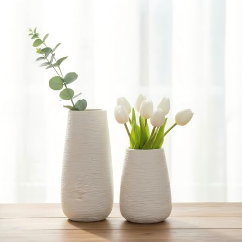 LIFFY Black Ceramic Vase Set of 2 - Modern Minimalist Vases for Room Decorative, Home Table Decor, Matte Finish, 8 and 6 Inches with Decorative Vases for Home Decor (White)