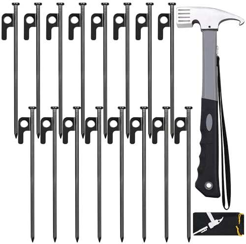 Zeltheringe und Hammer, 16 Stück, 20,3 cm, robuste Zeltheringe aus geschmiedetem Stahl + 30,5 cm robuster Campinghammer + Aufbewahrungstasche, erhältlich in Rocky Place