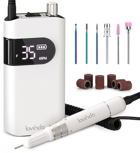 Lavinda Electric Nail Drill Cordless Fast Remove Polishing Nail File White | 35000RPM, Rechargeable & Portable with 10-12H Runtime, High-speed Coreless Motor, Low noise, Minimal heat, Low vibration
