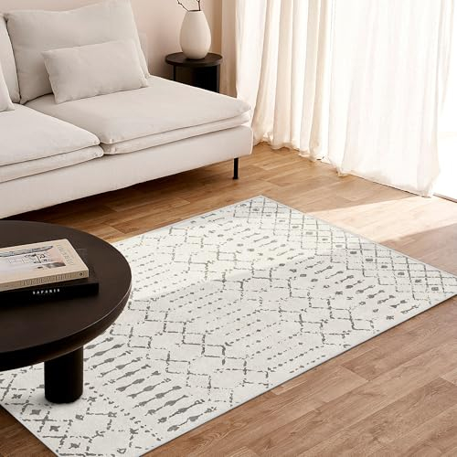 Deerly Boho Teppich Schlafzimmer, Waschbarer Teppich Perfekt für Wohnzimmer, Küchen, Balkon Terrasse, Modernes Teppich Orientalisch Ethno Muster für Carpet Livingroom 120x160CM,CremeGrau