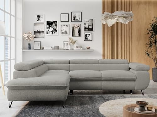 MKS MEBLE Ecksofa Sofa Grau, Wohnlandschaft L-Form mit Schlaffunktion und Bettkasten, Schlafsofa mit Bettkasten, Sofa mit Einstellbare Kopfstützen, Peter L - Hellgrau Boucle - Links Grau