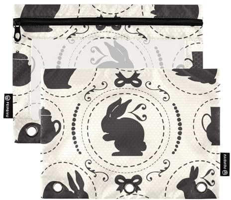 Fustylead Lot de 2 trousses à crayons lapin et théière pour classeur à 3 anneaux, grande capacité avec fenêtre transparente pour fournitures de bureau, beige