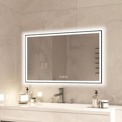furduzz LED-Badezimmerspiegel mit schwarzem Rahmen, 600 x 1000 mm, Kosmetikspiegel mit Hintergrundbeleuchtung, dimmbar, beschlagfrei, bruchsicher, Memory, 3 Farben, Wandspiegel, vertikal/horizontal