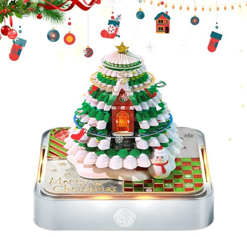 Kamanan Kalender Notizblock 2025, 3D Notizblock-Kalender Schreibtischkalender mit Lichtern,Weihnachtsbaum-Kalender,3D Notizblock Papier Schnitzen Geschenk mit glasklarem Anzeigebox (Silberne Basis)