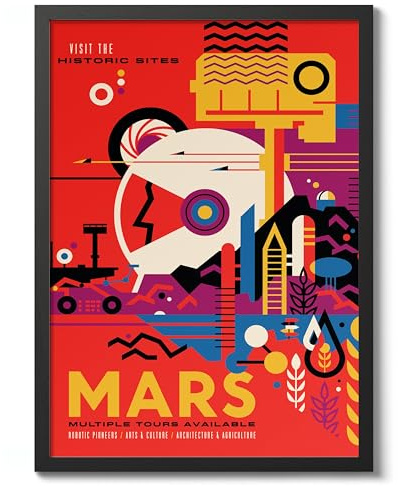 Mars Tourism Retro Nasa Space Grand Tour Reise-Kunstposter, Planetenreise-Drucke, Vintage-Astronomie-Heimdekoration, Astronauten-Weltraumdruck, archivarisch, matt, A4 (schwarzer Rahmen) – 29,7 x 21 cm