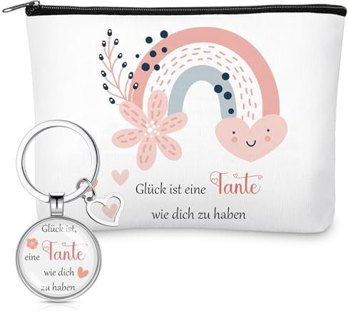 Perthlin Geschenkset für Tante Glück Ist Eine Tante Wie Dich zu Haben Schminktaschen Schlüsselanhänger 1 Make Up Tasche 1 Schlüsselanhänger mit Herz für Weihnachten Geburtstag