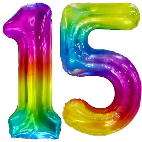 FUNFEST Ballon Anniversaire 15 ou 51 Ans Arc en Ciel 100cm - Décoration Anniversaire - Inclus Ballon XL & Paille - Vole Avec de l'Hélium - Qualité Supérieure