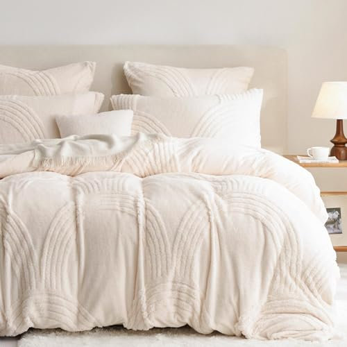 Freyamy Plüsch Bettwäsche Set 200x200cm Beige Getuftet Flauschig Winterbettwäsche Flanell Coral Fleece Cashmere Touch Deckenbezug Warme Bettbezug mit Reißverschluss und 2 Kissenbezug 80x80cm