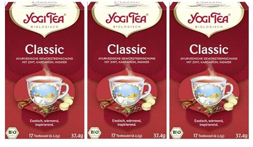 Yogi Tea - Classic Chai, Ayurvedischer Bio Gewürztee von Natur aus koffeinfrei, Mischung aus Zimt, Kardamom und Ingwer, Yogi Tee 3er Pack, 3x17 Beutel (51 Teebeutel insgesamt), Ideal als Geschenk