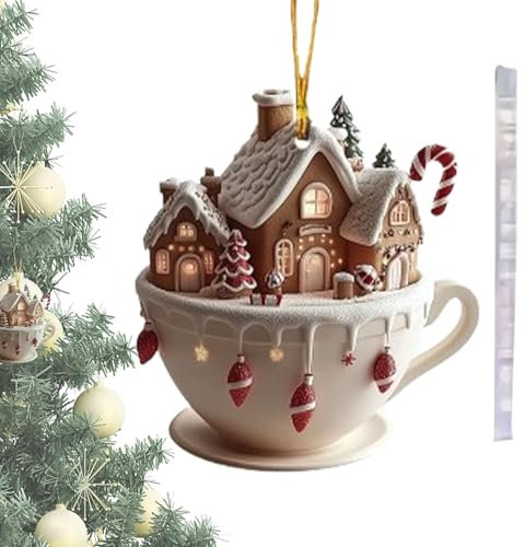 Ancsttu Hot Cocoa Cup Christmas Ornament | Snow Houses Chocolate Mug 2D Acrylic Tree Decoration Charm - Indoor Outdoor Pendant