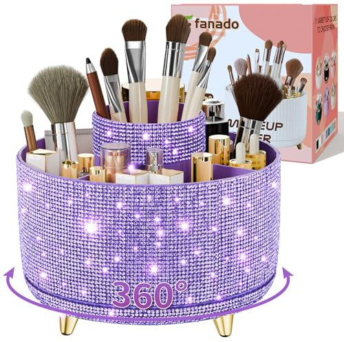 Bling Diamond Makeup Brush Holder, 360° Rotating Makeup Organizer, 5 Slot Make up Brushes Cup for Countertop, Storage for Cosmetics Pen Eyeliner Skincare on the Vanity (Diamond Purple)