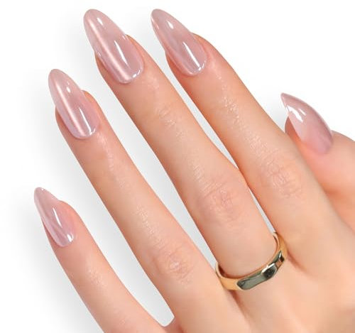 30PCS Cat Eye False Nails Long - Pale Pink Press on Nails Almond - Glossy Glitter Stick on Nails - Fake Nails with Glue - 15 Size Full Cover Nail Tips and Glue for Women DIY Design