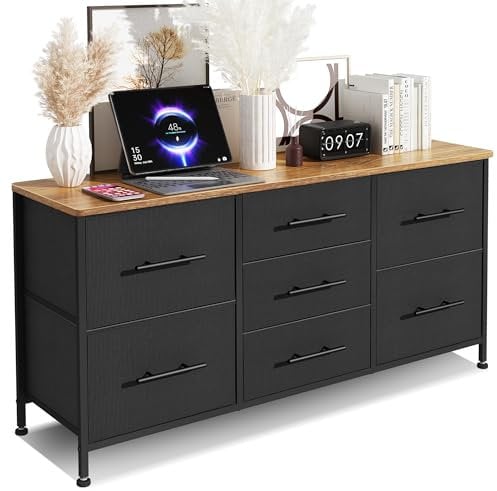 KIRVOVIY Chest of Drawers, Dresser for Bedroom with Fabric Drawers, TV Stand on 4 Flexible Castors, Storage Organizer for Living Room, Metal Frame and Wooden Top (Back-7 drawers)