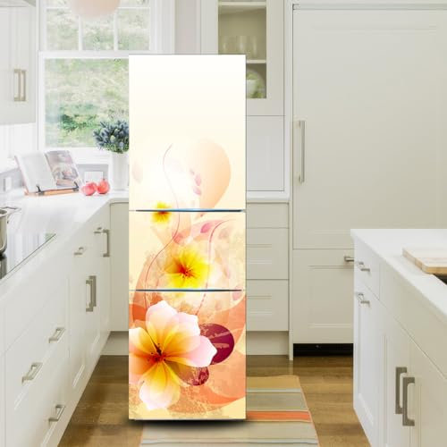 Refrigerator Stickers, Fridge Sticker Full Covering Door Fridge Covers Decor, Freezer Skins Wall Stickers for Kitchen Decal, Yellow Pink Flower(S: 60x150 cm)