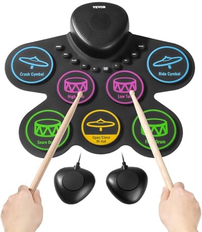 VEVOR Elektronisches Schlagzeug Set mit 7 Pads, E-Drum Set mit Kopfhöreranschluss, Doppelpedal, Sticks, Lautsprecher, MIDI, Instrumentalspielzeug für Kinder ab 3 Jahren, mehrfarbig