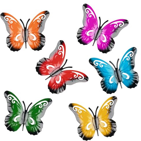 6 Pcs Metal Butterfly Garden Ornament, Wall Art Decor Butterfly, Wall Ornaments Outdoor Indoor, for Hanging Wall Garden Fences Yard Sheds, 6 Colored