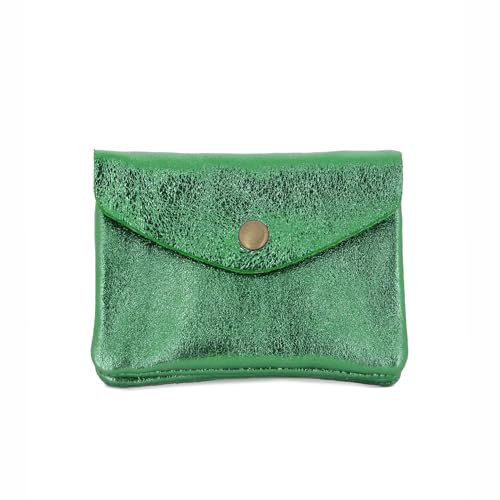 Double Tree - Porte-Monnaie Femme en Cuir Véritable Irisé - Petit Portefeuille Brillant à Rabat Format Enveloppe Élégant - Léger et Pratique - Vert