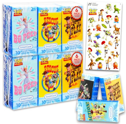 Toy Story Taschentücher im Taschenformat, 12 Packungen mit je 10 Blatt (120 Taschentücher) und Aufkleber, Disney Toy Story Entsorgungstücher für Reisen, Schule, Klassenzimmer