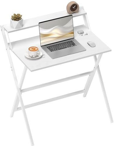 HOMCOM Scrivania Salvaspazio Pieghevole con Ripiano per Monitor, Tavolo per Computer Piccola e Richiudibile da Ufficio e Studio, in Acciaio, 81.5x62x86.5 cm, Bianco