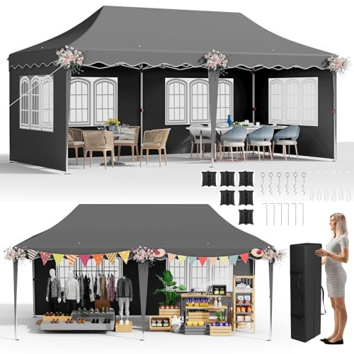 Pavillon 3x6, Faltpavillon 3x6 Wasserdicht Stabil, UV Schutz 50+, Partyzelt mit 6 Sandsäcke, 4 Seitenwänden, Höhenverstellbar (290-300-310cm Hoch) für Partys, Strand, Garten, Markt (Grau)