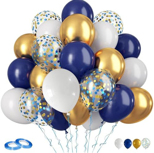 Ovanda Blau und Gold Konfetti Luftballons, Luftballons Hochzeit, Metallic Gold Weiß und Blau Konfetti Luftballon mit Bändern, für Geburtstag,Hochzeit,Babyparty Party Dekoration,Abschlussfeier