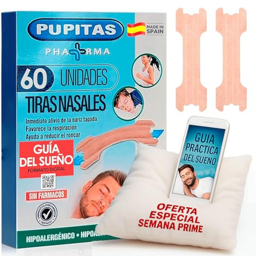 Tiras Nasales Antirronquidos (60 Unidades) con Guía dar dormir mejor, Hipoalergénicas y Flexibles, Alivia la Congestión Nasal, Para Dormir Mejor y Hacer Deporte, Reduce los Ronquidos, tamaño 56x18mm