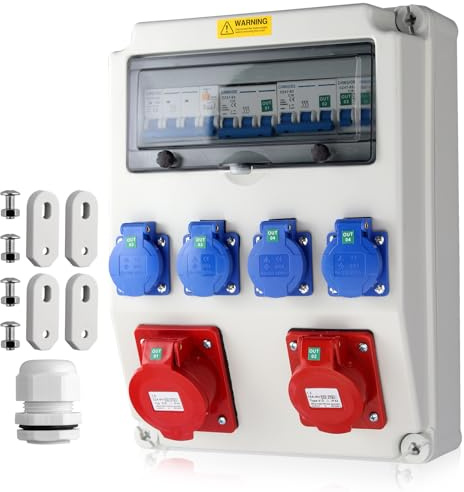 EYPINS Distributore di Corrente da Cantiere,Scatola Presa Esterna 4x 230V 1x 16A 1x 32A con Protezione LS e FI, Presa Schuko e CEE, Cassetta Elettrica Impermeabile IP66 per Giardino Officina e Garage