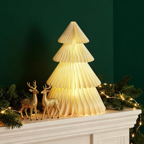 SUNBEAUTY Large Paper Tree Christmas 3D Honeycomb Christmas Trees Light Up Table Centerpieces Christmas White Xmars Party Decorations for Indoor Outdoor Holiday Weddings Decor,15Inch