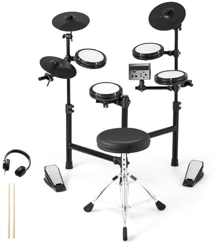 FANTASK Elektronische Schlagzeug, E-Drum-Sets faltbar mit Mesh Pads, 150 Sounds & 10 Demos, Metronom & USB MIDI, 2 Pedale & 2 Drumsticks, 7 teiliges E-Schlagzeug für Kinder, Erwachsene