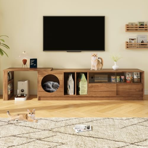 BTM Moderner drehbarer Fernsehschrank – mehrzweckig und ausziehbar, haustiertierfreundlich, stahlverstärkten Glastüren, Katzenruheraum (ohne Katzenkissen), Nussbaumfarben, 180(+80)×40×50 cm